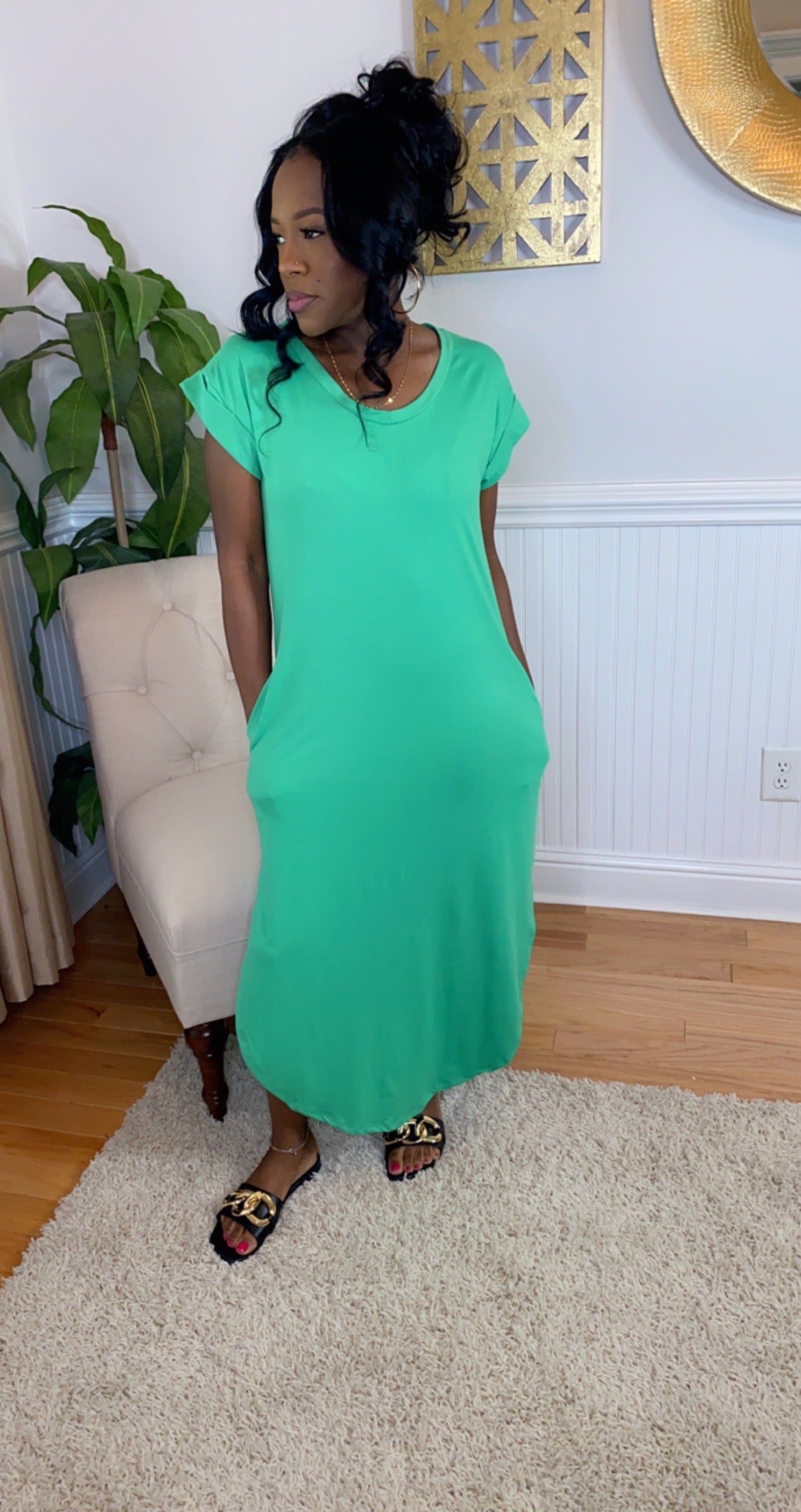 Green. Model is wearing a small